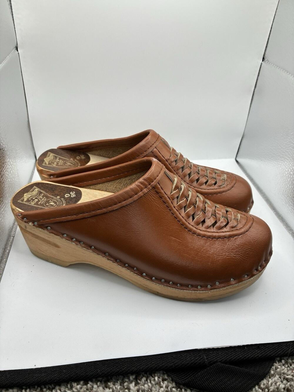 Vtg Bastad Troentorp 36 Wood Clogs Brown Leather Woven Swedish Made Mules 6